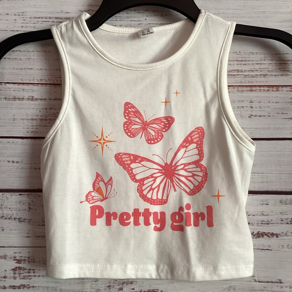 SHEIN White and Pink Butterfly Tank Top
